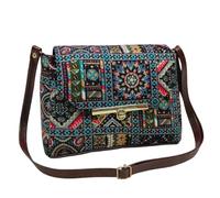 Bohemian Crossbody Bag, Geometric Pattern with Turquoise and Red Design, Brown Leather Strap