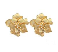 Bohemian Crystal Flower Earrings for Women Girls Gold Plated CZ Dainty Large Irregular Exaggerated Floral Peatl Dangle Studs Earrings Vintage Big Metal 3D Flower Statement Earring Jewelry
