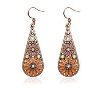 Bohemian Crystal Teardrop Pendant Earring,Vintage Olive Green Hollow Out Flower Floral Dangle Earrings,National Style Geometry Enamel Flower Hook Earrings,Handmade Ethnic Statement Jewelry for Women