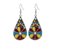 Bohemian Crystal Teardrop Pendant Earring,Vintage Olive Green Hollow Out Flower Floral Dangle Earrings,National Style Geometry Enamel Flower Hook Earrings,Handmade Ethnic Statement Jewelry for Women