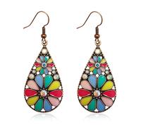 Bohemian Crystal Teardrop Pendant Earring,Vintage Olive Green Hollow Out Flower Floral Dangle Earrings,National Style Geometry Enamel Flower Hook Earrings,Handmade Ethnic Statement Jewelry for Women