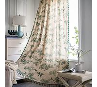 Bohemian Curtains Floral Semi Sheer Drapes 96 Inch Length Cotton Linen Farmhouse Curtain Panels with Tassel Green Botanical Print Rod Pocket Room Darkening Curtain for Living Room Bedroom, 2 Panel