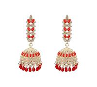 Bohemian CZ Jhumki Bell Drop Earrings for Women - Gold-tone Plated Crystal Indian Chandelier Stud with Beaded Tassel 7.0cm, Vintage Ethnic Statement Jewellery for Wedding & Festival (Red)