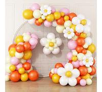 Bohemian Daisy Balloon Arch Set - Yellow and pink balloons and Daisy decorations, retro hippie style birthday, baby shower, bride shower, wedding and trendy party decoration collection