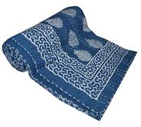 Bohemian Decorative Throw Traditional Handmade Kantha Pure Kantha Handblock Hand Stitched Indian Quilt Ethnic Bedspreads Cotton Quilt King Size Indigo