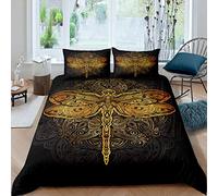 Bohemian Dragonfly Duvet Cover, Gold Boho Mandala Bedding Set Double Size, Hippie Tie Dye Comforter Cover Kids Teens Adult Women, Tribal Exotic Floral Insect Quilt Cover Bedroom Decor, Black Golden