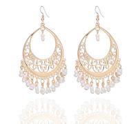 Bohemian Drop Dangle Earrings for Women Vintage Cut-Out Dangling Chandelier Earrings Bohemian Style Beaded Tassel Vintage Jewelry (White)