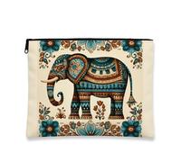 Bohemian Elephant Makeup Bag, Blue Floral Vintage Cosmetic Travel Pouch for Women, Portable Small Canvas Zipper Organizer, Perfect Choice for Festivals, Blue, 7x9 Inch