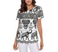 Bohemian Elephant Pattern Women's Short-Sleeve T Shirts Cute Comfy Elasticity Round Neck Summer Tops Black