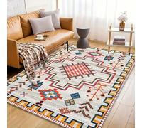Bohemian Ethnic Geometric Totem Rug -180x230cm Light Grey Base Red Orange Diamond Pattern Carpet, Non-Slip Low Pile Mat for Living Room, Retro Tribal Style Decor for Industrial & Boho Interiors
