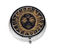 Bohemian Ethnic Sun Moon Round Pill Box with 3 Compartments, Mini Metal Pill Organizer for Purse or Pocket, Lightweight Portable for Daily Use Gifts Travel