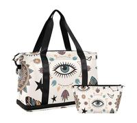 Bohemian Feather Eyes Star Beige Travel Bag with Wet Pocket Adjustable Strap Tote Bag for Workout Waterproof for Men Women