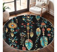 Bohemian Feather Pattern Round Rugs 180cm, Non Slip Area Rugs for Bedroom & Living Room - Soft Machine Washable Colorful Circle Carpet, Non Shedding Floor Mats for Home Room Decorative