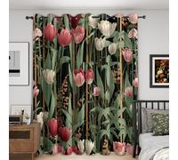 Bohemian Floral Blackout Curtains, 90x90, Pink Tulip Curtains for Bedroom Living Room, Thermal Eyelet Curtains & Drapes 90 Drop, Window Treatments, 2 Panels N&1030