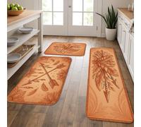 Bohemian Floral Kitchen Mats for Floor, Earthy Feathers and Arrows Design Soft Mats, Autumn Cushioned Comfort Washable Decor Rugs for Kitchen Sinks Laundryroom Bathroom 3pcs