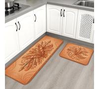 Bohemian Floral Kitchen Mats for Floor, Earthy Feathers and Arrows Design Soft Mats, Autumn Cushioned Comfort Washable Decor Rugs for Kitchen Sinks Laundryroom Bathroom 2pcs
