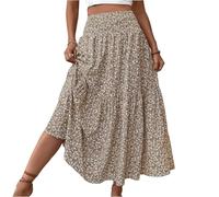 Bohemian Floral Pleated Long Skirt for Women Smocked Elastic High Waist A Line Flowy Swing Maxi Skirts with Pockets Boho Ruffle Tiered Casual Beach Fashion Elegant Vacation Skirt UK Khaki