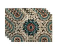 Bohemian Floral Teal Placemats, Vintage Style Table Mats for Dining Room, Non-Slip Washable Indoor Outdoor Party Decorative Placemat Set of 4