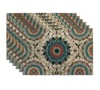 Bohemian Floral Teal Placemats, Vintage Style Table Mats for Dining Room, Non-Slip Washable Indoor Outdoor Party Decorative Placemat Set of 6