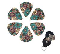 Bohemian Flower Guitar Picks 6 Pack, 0.96mm Thickness Celluloid Bass Pick with Leather Guitar Pick Holder Keychain Abstract Art Pics Plectrum for Acoustic Electric Guitar, Ukulele, Bass