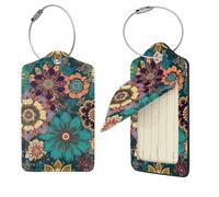 Bohemian Flower Luggage Tag 1PCS PU Leather Suitcase Tags Identifiers Travel Tags with Privacy Protection and Stainless Steel Loop Luggage Bag Tag for Women Men