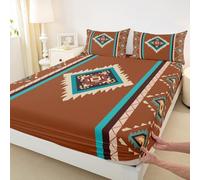 Bohemian Geometry Bed Sheet King Size Aztec Boho Ethnic Rustic Bedding Set Exotic Tribal Fitted Sheet Adults Room Decor Black Brown Soft Sheets with 2 Pillowcase,No Top Flat