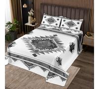 Bohemian Geometry Quilt Bedding Set DoubleAztec Boho Style Coverlet Bedspread for Adults Vintage Ethnic Style Lightweight Bedding Bed Cover Brown White Grey Bedspread Set (1 Quilt+ 2 Pillowcase)