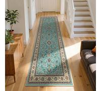 Bohemian Hallway Runner Rug 80x200cm Traditional Duck Egg Blue Runner | Non-Slip Washable Long Vintage Runner Carpet for Hallways, Floral Floor Mat for Kitchen, Stairs, Entryway, Living Room