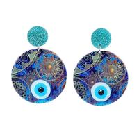 Bohemian Hamsa Hand of Fatima Dangle Earrings for Women Acrylic Blue Big Evil Eye Statement Drop Dangling Stud Lightweight Boho Round Shaped Colorful Printing Earring Lucky Protection Jewelry Gifts