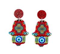 Bohemian Hamsa Hand of Fatima Dangle Earrings for Women Acrylic Blue Red Big Evil Eye Statement Drop Dangling Stud Lightweight Boho Colorful Printing Earring Lucky Protection Jewelry Gifts for