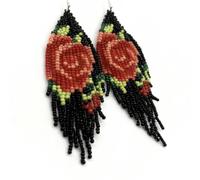 Bohemian Handmade Rose Seed Bead Tassel Earrings for Women, Bold Black & Red Fringe Drop Earrings, Statement Boho Fashion & Gift Jewelry