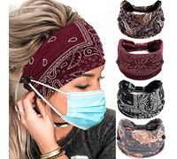 Bohemian Headbands with Buttons for Women&-Wide Non-Slip Elastic Turban Headwraps for Workout,Yoga,Sports Hair Scarfs,Ear Savers,4Pcs(#7 Chic)