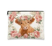 Bohemian Highland Cow Makeup Travel Bag, Vintage Floral Canvas Zipper Cosmetic Pouch for Women, Spring Skincare Gift Organizer, Beige, 7x9 Inch, Cow
