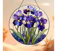 Bohemian Iris Flower Leaf Stained Windows Hanging Suncatcher,Flower Stained Glass Suncatchers Window Ornament Stained Glass Panel Sun Catcher Wall Hanging Decor Birthday Gifts