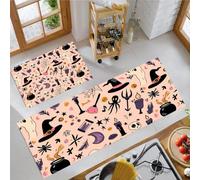 Bohemian Kitchen Mats Set of 2, 43x75cm+43x120cm | Black Medicine Pot, Candle, Poison Bottle Low-Profile Kitchen Rugs, Non Slip, Washable, Autumn Home Party Decor for Sink Laundry Floor, Light Pink