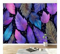 Bohemian Leaves Feathers Stripes Modern Panoramic Wall Mural, Purple High-Resolution Non-Woven Wallpaper 450W x 315H cm - Oversized 3D Visual Art Poster for Kids Room, Bedroom & Corridor