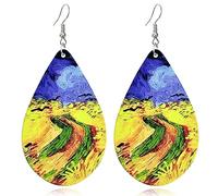 Bohemian Lightweight Waterdrop Wooden Dangle Drop Earrings Colorful Nature Wood Oil Painting Pattern Earring For Women Fashion Statement Jewelry Accessories, Wood