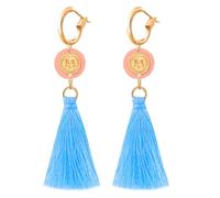 Bohemian Long Dangle Blue Tassel Hoop Earrings for Women, Gold Smiley Face Sun Tassel Earrings with Pink Round Disc, Boho Fringe Chandelier Statement Earrings Trendy Summer Jewelry Gift for Women