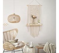 Bohemian Macrame Wall Hanging Shelf, Beige Functional Wall Tapestry with Wood Board Woven Decorations for Bedroom/Farmhouse/Living Room/Cafe/Office/Dorm/Hallway, Unique Wooden Bead Home Decor, 87x40cm