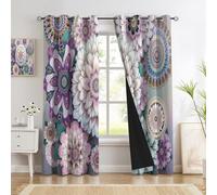 Bohemian Mandala Blackout Curtains For Bedroom 54 Drop Light Purple Dreamy Flowers Eyelet Curtains For Living Room Thermal Insulated Window Curtain Drapes For Dining Room 2 Panels