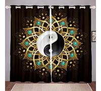 Bohemian Mandala Curtains Yin Yang Curtains for Bedroom Living Room for Kids Boys Girls Tie Dye Spiral Windows Drapes Golden Black Room Decoration,W66*L90