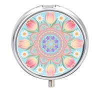 Bohemian Mandala Flower Pill Box - 3 Compartment, Round Metal Pill Case with Mirror, Portable Medicine Holder for Purse/Wallet/Travel