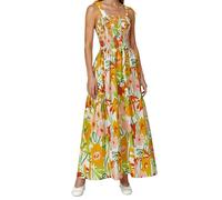 Bohemian Maxi Dresses for Women UK with Tie Shoulder Straps Leave Print Smocked Elastic Waist Long Dress Elegant Cocktail Party Holiday Beach Sundress Flowy Swing Ruffle Hem Ladies Dresses Yellow