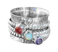 Bohemian Meditation Ring with Silver Gemstone Set for Fashion Personality and Mindful Focus (Silver, 8)