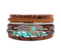 Bohemian Multi Layer Leather Wrap Bracelet For Women, Natural Turquoise Stone Feather Charm, Vintage Western Stackable Beaded Bracelets Jewellery Gift