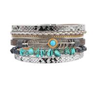 Bohemian Multi Layer Leather Wrap Bracelet For Women, Natural Turquoise Stone Feather Charm, Vintage Western Stackable Beaded Bracelets Jewellery Gift