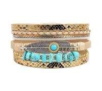 Bohemian Multi Layer Leather Wrap Bracelet For Women, Natural Turquoise Stone Feather Charm, Vintage Western Stackable Beaded Bracelets Jewellery Gift