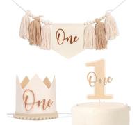 Bohemian One Birthday Party Decorations - Rustic One High Chair Tassel Banner,Beige 1st Birthday Crown Hat,Simple First Party Cake Topper,Banner Cake Topper Crown Set Photo Props (BROWN)