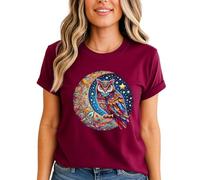 Bohemian Owl Womens Graphic T-Shirt Intricate Animal Design Celestial Moon Tee M (12-14) Burgundy