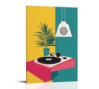 Bohemian Palm Leaf Vinyl Player Wall Art, Vintage Mid-Century Modern Music Disc Canvas Prints Hanging Paintings Poster, Artistic Minimalist Decor for Bedroom Do 24x36inch(60x90cm)